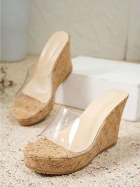 NWT The Fashion Bae Clear Strap Cork Wedge Platform Sandals - Nude Size 8